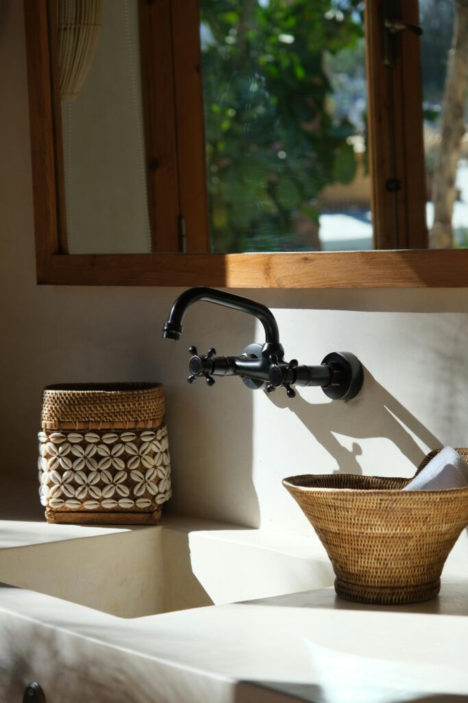 Free Photo Of Sunlit Mediterranean Style Bathroom Decor wall-mounted faucets picture